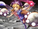  1girl american_flag_legwear american_flag_shirt blonde_hair blush clownpiece earth fairy_wings fire hat holding jester_cap looking_at_viewer moon neck_ruff open_mouth pantyhose piyodesu polka_dot red_eyes shirt short_sleeves smile solo space star star_print striped teeth torch touhou wings 