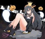  1girl absurdres alternate_costume ame-rain black_dress black_hair breasts cleavage crown dress hair_ornament hairband hairclip halloween haruna_(kantai_collection) headgear highres hitodama kantai_collection long_hair pumpkin solo 