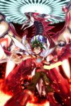  1boy belt corhydrae dragon duel_monster fire goggles goggles_on_head green_hair jacket jacket_on_shoulders jewelry male male_focus odd-eyes_raging_dragon pendant red_eyes redhead sakaki_yuuya solo yuu-gi-ou yuu-gi-ou_arc-v 