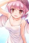  1girl alternate_costume animal_ears arm_up armpits bare_arms bird_wings blush breasts brown_eyes cleavage collarbone dress hat leaning_forward looking_at_viewer lzh medium_breasts mob_cap mystia_lorelei open_mouth pink_hair short_hair solo sundress sweat touhou upper_body white_dress wings 