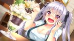  1girl blush breasts cleavage dutch_angle fang food game_cg hair_ribbon hand_on_own_cheek ice_cream kimi_to_yumemishi large_breasts long_hair open_mouth orange_eyes ribbon shigure_(kimi_to_yumemishi) shimofuri silver_hair solo sparkling_eyes spoon suspenders table twintails 