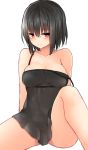  1girl bare_arms bare_legs bare_shoulders black_dress black_hair blush breasts closed_mouth collarbone dress looking_at_viewer medium_breasts mizushina_minato original red_eyes short_dress short_hair smile solo strap_slip white_background 