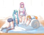  3girls :d all_fours aqua_eyes aqua_hair ass blonde_hair blue_eyes buruma grimay gym_uniform hair_ornament hairband hairclip hand_on_another&#039;s_head hatsune_miku kagamine_rin kneeling looking_back lying mat megurine_luka multiple_girls on_stomach open_mouth pink_hair smile twintails vocaloid 