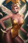  1girl alternate_costume animal_ears blonde_hair blue_eyes breasts bunny_girl bunnysuit choker citemer cleavage feathered_wings high_ponytail leotard long_hair looking_at_viewer mercy_(overwatch) overwatch pantyhose rabbit_ears solo wings wrist_cuffs 