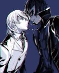  2boys akechi_gorou blue_background domino_mask double-breasted eye_contact highres kurusu_akira looking_at_another male_focus mask monochrome multiple_boys necktie obo persona persona_5 profile simple_background smile upper_body 