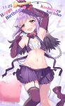  1girl :d brown_eyes chains chocho_(homelessfox) cleavage_cutout collar cuffs garter_straps hair_ornament hairclip happy_birthday heart_cutout idolmaster idolmaster_cinderella_girls koshimizu_sachiko looking_at_viewer microphone open_mouth purple_hair short_hair single_thighhigh smile solo thigh-highs wings 