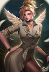  1girl alternate_costume blonde_hair blue_eyes breasts choker citemer cleavage coat feathered_wings high_ponytail long_hair looking_at_viewer mercy_(overwatch) overwatch pantyhose solo wings 