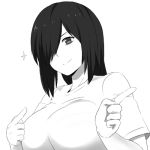  1girl breasts hair_over_one_eye large_breasts long_hair lowres monochrome nao_(ritsancrossover) original pointing simple_background smile solo star white_background 