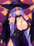  1girl bare_shoulders blue_hair breasts bridal_gauntlets elbow_gloves gloves hat highres huge_breasts kos-mos long_hair negresco red_eyes solo witch_hat xenosaga 