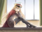  1girl blonde_hair blue_eyes cape deutschland_(zhan_jian_shao_nyu) hat highres light_smile long_hair looking_at_viewer looking_to_the_side military military_uniform peaked_cap shukyou sitting solo thigh-highs uniform window zhan_jian_shao_nyu 