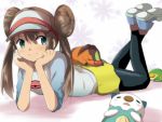  1girl baseball_cap black_legwear blue_eyes brown_hair chin_rest double_bun hat legs_up legwear_under_shorts long_hair lying mei_(pokemon) naga_(naga54321) on_stomach oshawott pantyhose pokemon pokemon_(creature) pokemon_(game) pokemon_bw2 shirt shoes short_shorts shorts smile sneakers snivy tepig twintails very_long_hair visor_cap 