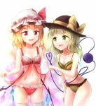  2girls ass_visible_through_thighs bangs bare_shoulders blonde_hair blush bow bow_bra bra breasts cleavage collarbone cowboy_shot eyeball eyebrows fangs flandre_scarlet frilled_bra frilled_panties frills green_bra green_eyes green_hair green_panties hat hat_bow hat_ribbon heart heart_of_string komeiji_koishi legs_apart legs_together lingerie long_hair looking_at_another midriff minust mob_cap multiple_girls navel open_mouth panties red_bra red_eyes red_panties ribbon side_ponytail slit_pupils small_breasts smile stomach string thigh-highs third_eye touhou underwear underwear_only white_legwear wings 