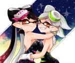  +_+ 2girls aori_(splatoon) bare_shoulders black_dress black_hair blush bow breast_press breasts commentary_request detached_collar domino_mask dress earrings eyebrows fang food food_on_head gloves grin hair_bow hat hotaru_(splatoon) hug jewelry long_hair looking_at_viewer mask mole mole_under_eye multiple_girls object_on_head one_eye_closed orange_eyes pointy_ears short_hair silver_hair smile splatoon strapless sumire_(sumi000000) symbol-shaped_pupils tentacle_hair tentacles thick_eyebrows upper_body white_gloves 