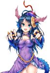  1girl black_hair blue_eyes blush breasts china_dress chinese_clothes cleavage covered_navel dragon_girl dragon_horns dragon_tail dress fingerless_gloves gloves halloween hat head_fins highres horns jiangshi karin_(p&amp;d) long_hair ofuda open_mouth outstretched_arms puzzle_&amp;_dragons samoore simple_background solo spiked_knuckles tail white_background zombie_pose 