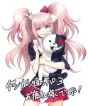  blue_eyes bow bunny_hair_ornament dangan_ronpa dangan_ronpa_3 enoshima_junko hair_bow hair_ornament long_hair looking_at_viewer minamibe monokuma necktie parted_lips red_skirt skirt standing translation_request twintails white_background white_necktie 