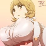  1girl :o afrostar breasts brown_background brown_eyes brown_hair dated from_below highres huge_breasts looking_down narusawa_ryouka occultic;nine parted_lips short_hair simple_background solo 