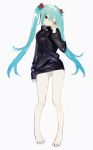  aqua_hair barefoot flower hair_flower hair_ornament hatsune_miku hirota_tsuu long_hair one_eye_closed panties striped striped_panties sweater twintails underwear vocaloid 