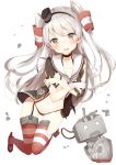  1girl amatsukaze_(kantai_collection) black_hairband black_panties breasts brown_eyes collarbone covering covering_breasts eyebrows eyebrows_visible_through_hair garter_straps hair_ornament hairband highres kantai_collection long_hair looking_at_viewer niito open_mouth panties red_legwear rensouhou-kun shirt side-tie_panties silver_hair simple_background small_breasts solo striped striped_legwear tears thigh-highs torn_clothes torn_shirt torn_thighhighs underwear white_background 