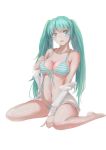  1girl absurdres bikini breasts elfoo front-tie_top green_eyes green_hair hatsune_miku highres long_hair looking_at_viewer medium_breasts navel off_shoulder open_mouth simple_background sitting solo striped striped_bikini swimsuit twintails vocaloid wariza white_background 