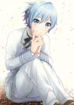  1boy blazer blue_eyes blue_hair blue_nails brown_shoes formal jacket kaito kikuchi_mataha knees_up leg_hug looking_at_viewer male_focus nail_polish necktie shiny shoes short_hair simple_background sitting smile solo solo_focus suit vocaloid white_suit 