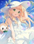  blonde_hair blush braids dress green_eyes hat lillie_(pokemon) long_hair rowlet smile 