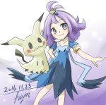  1girl 2016 :3 acerola_(pokemon) armlet bangs blue_dress blue_eyes blush bright_pupils closed_mouth collarbone dated dress elite_four flat_chest hair_ornament half_updo highres hisin mimikyu_(pokemon) open_mouth pokemon pokemon_(creature) pokemon_(game) pokemon_sm purple_hair short_hair short_sleeves signature smile solo stitches torn_clothes torn_dress 
