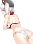  1girl adapted_costume ass beret bikini blue_eyes breasts from_behind hat kantai_collection kashima_(kantai_collection) kfr long_hair looking_back profile silver_hair simple_background solo swimsuit twintails wavy_hair white_background 