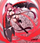  1girl black_legwear black_panties black_rose breasts claws cleavage demon_girl elbow_gloves flower full_body gloves hair_flower hair_ornament horns knee_up large_breasts looking_at_viewer original panties red_eyes redhead revealing_clothes rose sash signature solo succubus thigh-highs two_side_up underwear ying_dou 