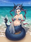  1girl bare_shoulders beach blue_eyes blue_sky blush breasts drill_hair female grey_hair groin highres horns izanami_(youkai_watch) large_breasts long_hair looking_at_viewer mermaid monorus monster_girl navel ocean pointy_ears shawl shell shell_bikini sitting sky sleeves_past_wrists smile solo water wide_sleeves youkai_watch 