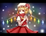 1girl ascot blonde_hair blurry_background covered_mouth dress endwhite flandre_scarlet hand_up hat mob_cap puffy_sleeves red_dress red_eyes short_hair short_sleeves side_ponytail snow solo tagme touhou vampire wings 