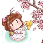  1girl :3 :d antenna_hair blurry blush brown_hair cardcaptor_sakura cherry_blossoms choker depth_of_field dress from_above hair_ribbon holding hoshi_no_tsue isanctz kero kinomoto_sakura looking_up magical_girl open_mouth parted_lips petals pink_ribbon puffy_short_sleeves puffy_sleeves ribbon ripples short_sleeves smile solid_circle_eyes star tree_branch two_side_up white_background white_dress |_| 