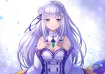  blush dress emilia_(re:zero) long_hair purple_eyes re:zero_kara_hajimeru_isekai_seikatsu smile white_hair 