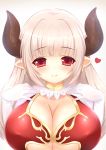  1girl alicia_(granblue_fantasy) breasts center_opening cleavage cross cross_earrings doraf earrings gloves granblue_fantasy heart horns huge_breasts jewelry kane-neko long_hair looking_at_viewer pointy_ears red_eyes silver_hair smile solo underboob_cutout upper_body white_gloves 