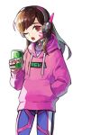  1girl acronym bangs bodysuit brown_eyes brown_hair bubblegum bunny_print cowboy_shot d.va_(overwatch) facepaint facial_mark hand_in_pocket hand_up headphones hetchi highres holding holding_can hood hood_down hooded_sweater hoodie long_hair looking_at_viewer mountain_dew one_eye_closed open_mouth overwatch pilot_suit product_placement ribbed_bodysuit simple_background solo sweater teeth whisker_markings white_background 