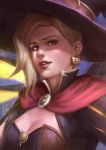  1girl alternate_costume blonde_hair blue_eyes breasts capelet cleavage earrings halloween halloween_costume hat highres jack-o&#039;-lantern_earrings jewelry lips looking_at_viewer mechanical_wings mercy_(overwatch) nose overwatch parted_lips realistic signature small_breasts smile solo wee_kiat_goh wings witch_hat witch_mercy yellow_wings 