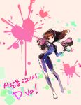  1girl arched_back artist_name bangs bodysuit boots bracer breasts brown_eyes brown_hair bunny_print character_name charm_(object) d.va_(overwatch) dual_wielding emblem eyebrows facial_mark finger_on_trigger full_body gloves gun handgun hands_up headphones heart hetchi holding holding_gun holding_weapon korean leaning_forward legs_apart logo long_hair long_sleeves medium_breasts overwatch pauldrons pilot_suit pointing ribbed_bodysuit shoulder_pads skin_tight smile solo thigh-highs thigh_boots thigh_strap turtleneck weapon whisker_markings white_boots white_gloves 
