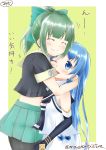  2girls ^_^ ^o^ bare_shoulders black_gloves blue_eyes blue_hair bow closed_eyes commentary_request elbow_gloves eyebrows eyebrows_visible_through_hair gloves green_hair green_skirt hair_bow highres hug kantai_collection long_hair mae_(maesanpicture) multiple_girls one_eye_closed pleated_skirt ponytail samidare_(kantai_collection) school_uniform serafuku skirt thigh-highs translation_request twitter_username yuubari_(kantai_collection) 