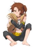  1boy barefoot belt blush brown_eyes brown_hair collar dog_tags dog_tail embarrassed full_body idolmaster idolmaster_side-m looking_away male_focus navel pout sagami_hako side_ponytail simple_background sitting solo studded_collar tachibana_shirou tail white_background 