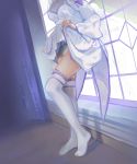  artist_request breasts curtains dutch_angle head_out_of_frame indoors panties see-through skirt skirt_lift standing thigh-highs underwear wide_sleeves window 
