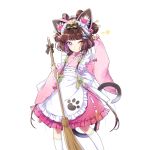  1girl animal_ears apron broom brown_hair cat_ears cat_tail character_request fake_animal_ears hair_ornament hairpin holding long_hair long_sleeves looking_at_viewer multicolored_hair official_art one_eye_closed paw_print skirt smile solo streaked_hair tail uchi_no_hime-sama_ga_ichiban_kawaii violet_eyes white_hair white_legwear wide_sleeves 