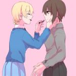  2girls applying_makeup brown_eyes brown_hair closed_eyes darjeeling girls_und_panzer halui1530 hand_on_another&#039;s_face mouth_hold multiple_girls nishizumi_maho pink_background sketch smile sweater 