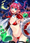  1girl absurdres armor bat bikini_armor bikini_bottom blue_eyes cape fate/grand_order fate_(series) highres horns horonosuke lancer_(fate/extra_ccc) midriff navel pauldrons pink_hair pointy_ears shield slime solo sword thigh-highs tiara weapon 