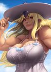  1girl blonde_hair blue_sky breasts commentary dark_skin dress hat horn huge_breasts lips long_hair monster_musume_no_iru_nichijou muscle muscular_female no_bra nose oni red_eyes sky solo sun_hat tionishia whistle_frog white_dress 