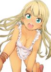  1girl alessandra_susu apron bangle blonde_hair blue_eyes blush bracelet breasts cleavage collarbone earrings highres jewelry kazuo_daisuke long_hair looking_at_viewer medium_breasts naked_apron open_mouth polka_dot sandals smile solo tan tanline tokyo_7th_sisters 