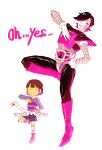2others =_= androgynous android bandages black_hair brown_hair english frisk_(undertale) full_body gloves grin hand_on_own_chest hscatter leg_up looking_at_viewer mettaton mettaton_ex pink_eyes shirt simple_background smile striped striped_shirt tutu undertale white_background white_gloves yellow_skin