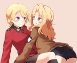  2girls bike_shorts blonde_hair blue_eyes brown_jacket commentary_request darjeeling eyebrows eyebrows_visible_through_hair girls_und_panzer highres jacket kapatarou kay_(girls_und_panzer) long_hair long_sleeves looking_at_another military military_uniform multiple_girls simple_background tongue tongue_out uniform yuri 