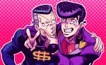  2boys chin_grab gakuran higashikata_jousuke jojo_no_kimyou_na_bouken koriko multiple_boys nijimura_okuyasu pompadour purple_hair school_uniform tears v 