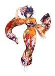 1girl blue_hair character_request fang floral_print furisode holding japanese_clothes kimono kure_masahiro long_sleeves no_shoes obi official_art sash short_hair solo tabi valkyrie_drive valkyrie_drive_-siren- wide_sleeves yellow_eyes 