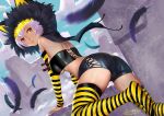  1girl 2016 animal_ears animal_hood ariverkao ass bandeau breasts brown_eyes cape cat_ears dated detached_sleeves dutch_angle fake_animal_ears feathers hood lavender_hair looking_back original short_shorts shorts signature solo striped striped_legwear striped_sleeves thigh-highs under_boob 
