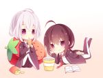  2boys :t ahoge black_hair chibi chin_rest controller drinking drinking_straw food fruit honebami_toushirou hyou_(pixiv3677917) lying male_focus manga_(object) multiple_boys namazuo_toushirou on_stomach ponytail popcorn potato_chips remote_control sitting strawberry touken_ranbu violet_eyes white_hair 